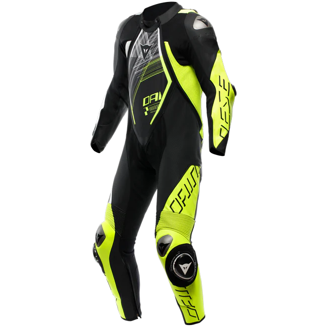 Dainese Audax D-ZIP Einteiler Lederkombi – Perforierter Rennanzug | Herren | Schwarz/Neon Gelb